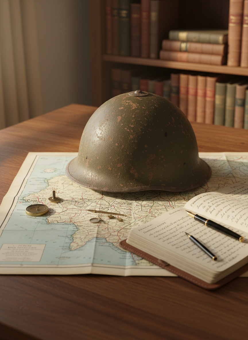 A weathered, sand-dusted steel helmet resting beside a detailed paper map of Normandy spread across a sturdy wooden table, the map marked with thin pencil lines and small metal compasses. Beside them lies an open leather-bound notebook filled with neatly written reflections in dark ink. Soft, diffused morning light enters from an unseen window to the left, creating gentle highlights on the helmet’s rough texture and subtle shadows along the map’s creases. The background is a softly blurred bookshelf with a few military history volumes. Photographic realism, shot at eye level with a shallow depth of field, conveys a contemplative, professional atmosphere focused on thoughtful learning from D-Day rather than glorifying battle.