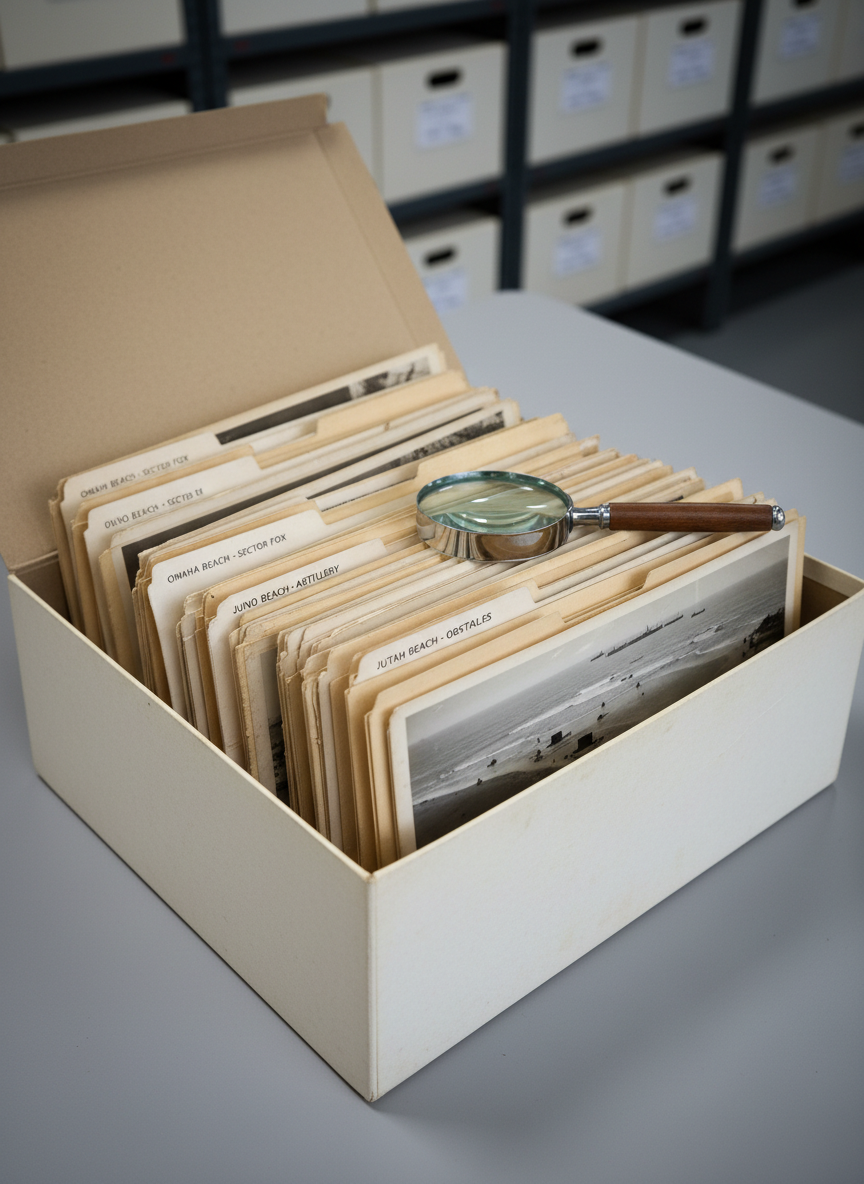 A close-up photographic image of an open archival storage box on a clean, neutral-grey table, revealing neatly arranged black-and-white reconnaissance photographs of Normandy beaches, labeled manila folders, and a metal-rimmed magnifying glass. The worn edges of the photos and faint typewriter labels on the folders show age and authenticity. Cool, overhead archive lighting creates crisp, clear illumination with minimal shadow, emphasizing detail and legibility. The background falls into soft blur, suggesting deeper rows of boxes on metal shelving. Captured from a slightly elevated angle with medium depth of field, the mood is methodical, analytical, and professional, supporting a blog post about researching D-Day through primary sources and careful examination of evidence.
