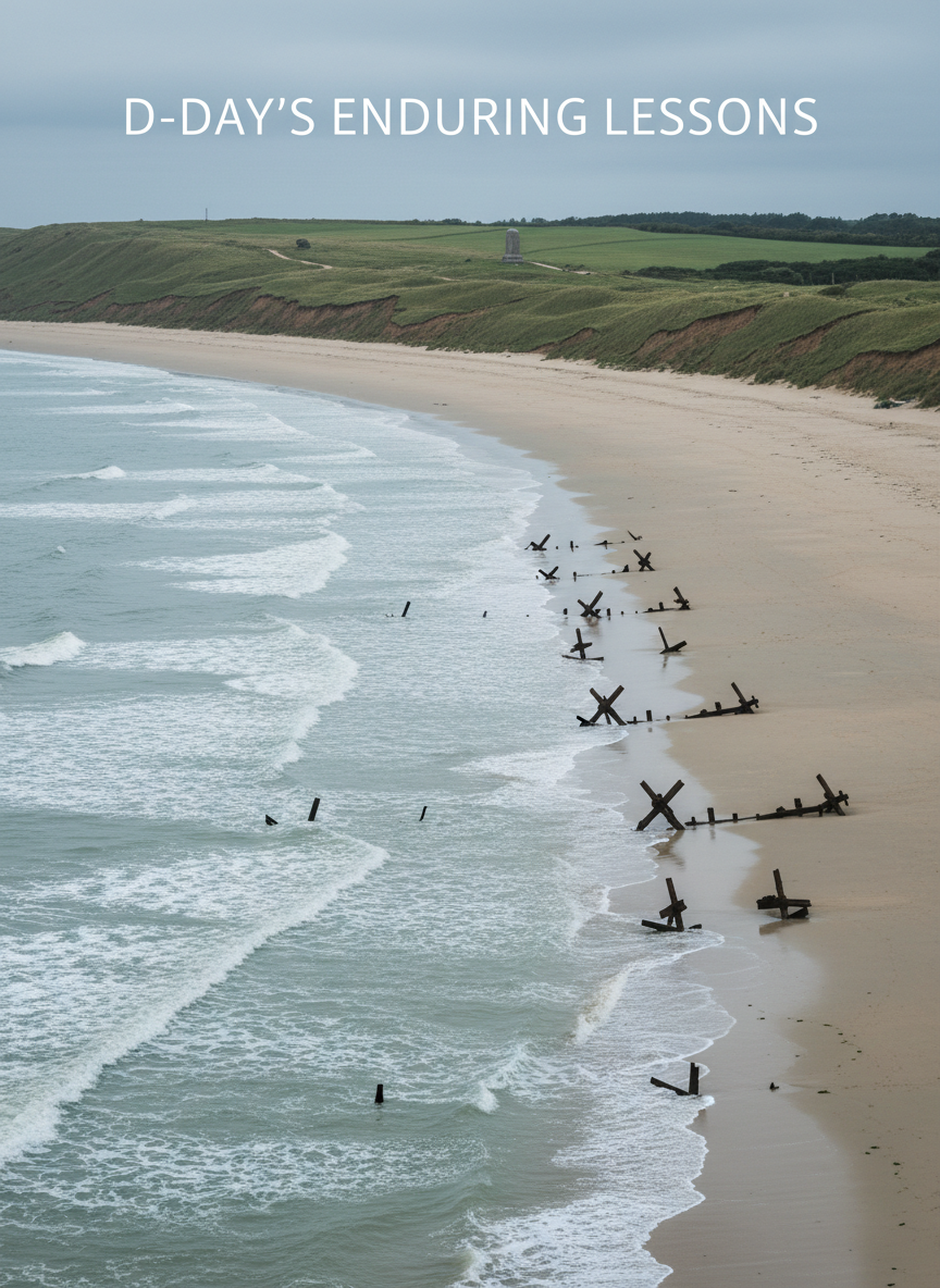 A panoramic view of the Normandy coastline captured from a high vantage point, with calm grey-blue waves rolling toward wide, pale sand where scattered rusted beach obstacles partially bury in the shore. In the mid-distance, low green bluffs rise, topped with trimmed grass and a simple stone marker barely visible. Overcast daylight creates soft, even illumination, muting colors into a subdued palette of greens, browns, and blues. The mood is reflective and solemn, emphasizing quiet aftermath rather than action. Photographic realism, wide-angle composition with sharp focus from foreground to horizon, and a low contrast, professional tone suitable for a historical blog header image about D-Day’s enduring lessons.