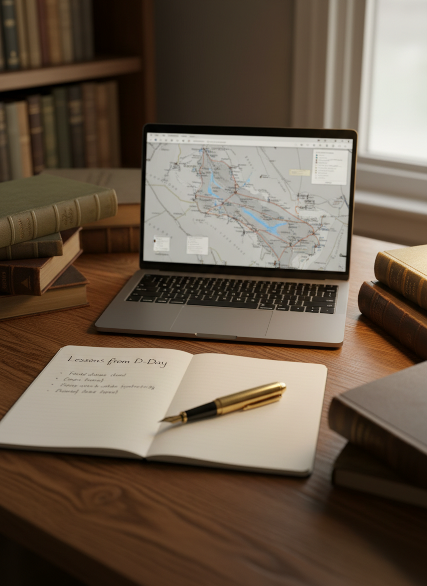 A sturdy oak desk surface with a modern slim laptop displaying a monochrome map of the Normandy landings on its screen, surrounded by a neatly stacked pile of history books with cloth and leather spines, a brass fountain pen, and a small notebook open to a page titled “Lessons from D-Day” in precise handwriting. Warm, directional lamplight from the right creates a focused pool of light on the workspace, leaving the background in gentle shadow. Photographic realism at a slightly elevated three-quarter angle, with a shallow depth of field that keeps the laptop and notebook sharp while softening the book titles. The atmosphere is scholarly and reflective, blending contemporary analysis with historical material for a professional blog context.